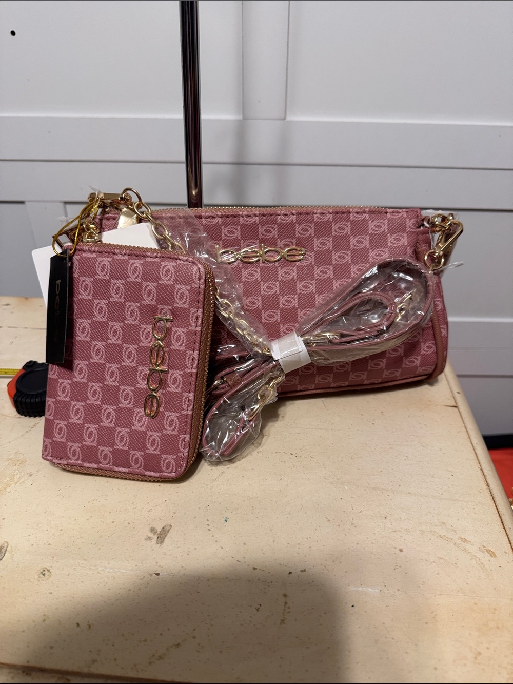 bebe Dusty Rose Logo Print Crossbody and Wallet Set